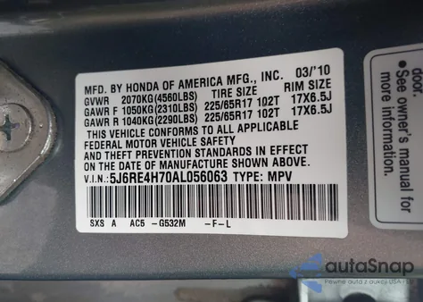 2010 Honda Cr-V Ex-L из США, поврежденный, VIN 5J6RE4H70AL056063